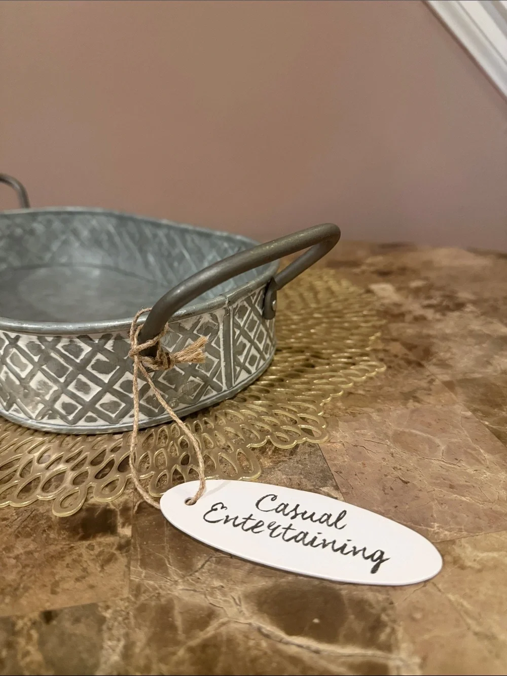 Galvanized Metal Oval Serving Tray with Handles